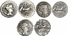 Claudia
Lote 3 monedas Denario. 79 a.C. CLAUDIA. Ti. Claudius Nero. AR. Todas con reverso: Victoria en biga a derecha. En exergo TI. CLAVD. TI.F./ AP...