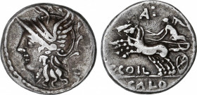 Coelia o Coilia
Denario. 104 a.C. COELIA o COILIA. C. Coelius Caldus. Anv.: Cabeza de Roma a izquierda. Rev.: Victoria en biga a izquierda, encima A,...