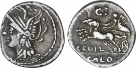 Coelia o Coilia
Denario. 104 a.C. COELIA o COILIA. C. Coelius Caldus. Anv.: Cabeza de Roma a izquierda. Rev.: Victoria en biga a izquierda, encima C,...