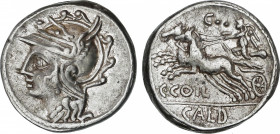 Coelia o Coilia
Denario. 104 a.C. COELIA o COILIA. C. Coelius Caldus. Anv.: Cabeza de Roma a izquierda. Rev.: Victoria en biga a izquierda, encima C,...