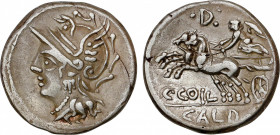Coelia o Coilia
Denario. 104 a.C. COELIA o COILIA. C. Coelius Caldus. Anv.: Cabeza de Roma a izquierda. Rev.: Victoria en biga a izquierda, encima D,...
