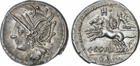 Coelia o Coilia
Denario. 104 a.C. COELIA o COILIA. C. Coelius Caldus. Anv.: Cabeza de Roma a izquierda
 Rev.: Victoria en biga a izquierda, encima H...