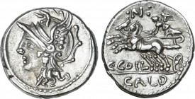 Coelia o Coilia
Denario. 104 a.C. COELIA o COILIA. C. Coelius Caldus. Anv.: Cabeza de Roma a izquierda. Rev.: Victoria en biga a izquierda, encima ¶N...