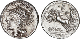 Coelia o Coilia
Denario. 104 a.C. COELIA o COILIA. C. Coelius Caldus. Anv.: Cabeza de Roma a izquierda. Rev.: Victoria en biga a izquierda, encima R ...