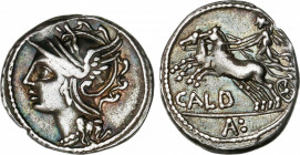 Coelia o Coilia
Denario. 104 a.C. COELIA o COILIA. C. Coelius Caldus. Anv.: Cabeza de Roma a izquierda. Rev.: Victoria en biga a izquierda, debajo CA...