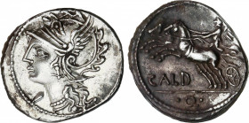 Coelia o Coilia
Denario. 104 a.C. COELIA o COILIA. C. Coelius Caldus. Rev.: Victoria en biga a izquierda, debajo CALD. En exergo: letra .Q. 3,91 grs....