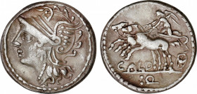 Coelia o Coilia
Denario. 104 a.C. COELIA o COILIA. Anv.: Cabeza de Roma a izquierda. Rev.: Victoria en biga a izquierda, debajo CALD, En exergo: letr...