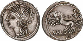 Coelia o Coilia
Denario. 104 a.C. COELIA o COILIA. Anv.: Cabeza de Roma a izquierda. Rev.: Victoria en biga a izquierda, debajo CALD, En exergo: letr...