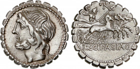 Cornelia
Denario. 106 a.C. CORNELIA. L. Cornelius Scipio Asiagenus. Anv.: Cabeza laureada de Júpiter a izquierda. Rev.: Júpiter en cuadriga a derecha...