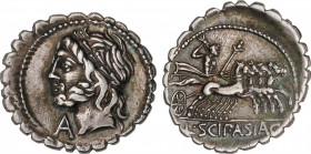 Cornelia
Denario. 106 a.C. CORNELIA. L. Cornelius Scipio Asiagenus. Anv.: Cabeza laureada de Júpiter a izquierda, debajo del mentón letra A. Rev.: Jú...