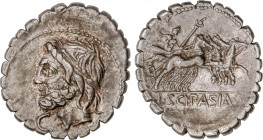 Cornelia
Denario. 106 a.C. CORNELIA. L. Cornelius Scipio Asiagenus. Anv.: Cabeza laureada de Júpiter a izquierda, debajo del mentón, letra C. Rev.: J...