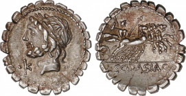 Cornelia
Denario. 106 a.C. CORNELIA. L. Cornelius Scipio Asiagenus. Anv.: Cabeza laureada de Júpiter a izquierda, debajo del mentón letra K con punto...