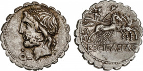 Cornelia
Denario. 106 a.C. CORNELIA. L. Cornelius Scipio Asiagenus. Anv.: Cabeza laureada de Júpiter a izquierda, debajo del mentón, letra Q con punt...