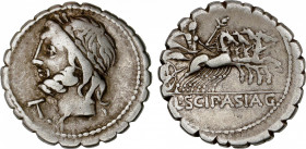 Cornelia
Denario. 106 a.C. CORNELIA. L. Cornelius Scipio Asiagenus. Anv.: Cabeza laureada de Júpiter a izquierda, debajo del mentón letra T. Rev.: Jú...