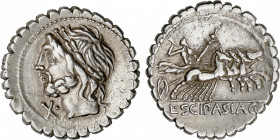 Cornelia
Denario. 106 a.C. CORNELIA. L. Cornelius Scipio Asiagenus. Anv.: Cabeza laureada de Júpiter a izquierda, debajo del mentón letra X con punto...