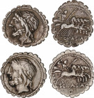 Cornelia
Lote 2 monedas Denario. 106 a.C. CORNELIA. L. Cornelius Scipio Asiagenus. AR. Las dos tipo Júpiter en cuadriga a derecha con cetro y rayo. E...