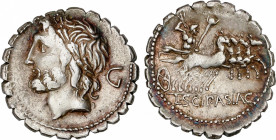 Cornelia
Denario. 106 a.C. CORNELIA. L. Cornelius Scipio Asiagenus. Anv.: Cabeza laureada de Júpiter a izquierda, detrás Letra G. Rev.: Júpiter en cu...