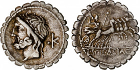 Cornelia
Denario. 106 a.C. CORNELIA. L. Cornelius Scipio Asiagenus. Anv.: Cabeza de Júpiter a izquierda, detrás letra K con punto a izquierda. Rev.: ...