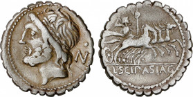 Cornelia
Denario. 106 a.C. CORNELIA. L. Cornelius Scipio Asiagenus. Anv.: Cabeza laureada de Júpiter a izquierda, detrás letra N con punto en la part...