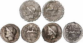 Cornelia
Lote 3 monedas denario. 106 a.C. CORNELIA. L. Cornelius Scipio Asiagenus. AR. Todas del tipo Júpiter con cuadriga. Una con letra B detrás de...