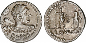 Cornelia
Denario. 100 a.C. CORNELIA. Pub Cornelius Lentulus Marcellinus. Anv.: Busto de Hércules con maza a derecha, detrás escudo oval, detrás letra...