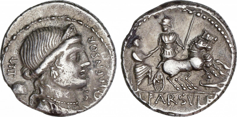 Farsuleia
Denario. 75 a.C. FARSULEIA. L. Farsuleius Mensor. Anv.: Busto de la L...