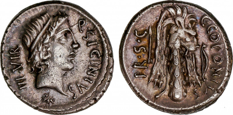 Sicinia
Denario. 49 a.C. SICINIA. Q. Sicinius y C. Coponius. Anv.: Cabeza de Ap...