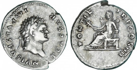 Titus (79-81 AD)
Denario. Acuñada el 74-79 d.C. TITO. Anv.: T. CAESAR IMP. VESPASIAN. Cabeza laureada a derecha. Rev.: PONTIF. TR. P. COS. IIII. Paz ...