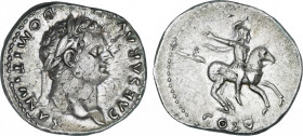 Domitianus (81-96 AD)
Denario. Acuñada el 76-80 d.C. DOMICIANO. Anv.: CAESAR AVG. F. DOMITIANVS. Cabeza laureada a derecha. Rev.: COS. V. Jinete caba...