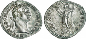 Domitianus (81-96 AD)
Denario. Acuñada el 92-93 d.C. DOMICIANO. Anv.: IMP. CAES. DOMIT. AVG. GERM. P. M. TR. P. XII. Cabeza laureada a derecha. Rev.:...