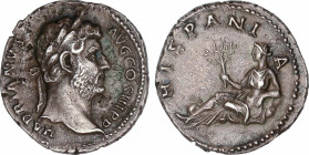 Hadrianus (117-138 AD)
Denario. Acuñada el 134-138 d.C. ADRIANO. Anv.: HADRIANVS AVG. COS. III. P. P. Busto laureado de Adriano a derecha. Rev.: HISP...