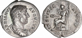 Hadrianus (117-138 AD)
Denario. Acuñada el 125-134 d.C. ADRIANO. Anv.: HADRIANVS AVGVSTVS. Busto laureado y drapeado de Adriano a derecha. Rev.: IVST...