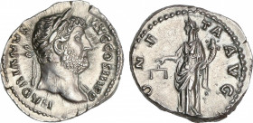 Hadrianus (117-138 AD)
Denario. Acuñada el 134-138. ADRIANO. Anv.: HADRIANVS AVG. COS III P. P. Busto laureado y con el hombro izquierdo drapeado de ...