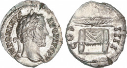 Antoninus Pius (138-161 AD)
Denario. Acuñada el 145-161 d.C. ANTONINO PÍO. Anv.: ANTONINVS AVG.PIVS P. P. Cabeza laureada a derecha. Rev.: COS. IIII....