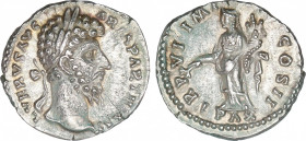 Lucius Verus (161-169 AD)
Denario. Acuñada el 166 d.C. LUCIO VERO. Anv.: L. VERSVS AVG. ARM. PARTH. MAX. Cabeza laureada a derecha. Rev.: TR. P. VI. ...