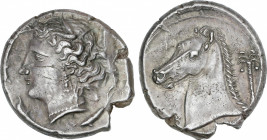 Tetradracma. 320-300 a.C. EMISIONES PÚNICAS. ENTELLA. SICILIA. ESCASA. Procedente de la colección Scipio. Anv.: Cabeza de Aretusa a izquierda, con del...