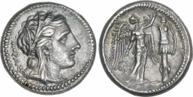 Tetradracma. 310-305 a.C. AGATOKLES. SIRACUSA. SICILIA. BONITA PIEZA. Procedente de la colección Scipio. Anv.: KOPAS. Cabeza de Perséfone a derecha co...