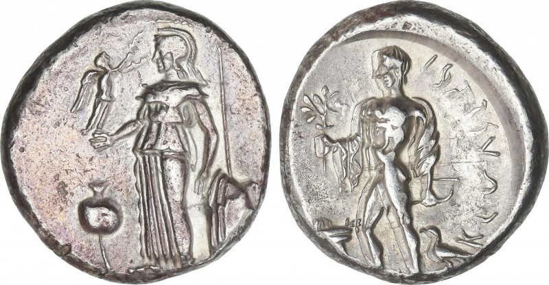 Estátera. 400-375 a.C. SIDE. PAMPHYLIA. Anv.: Atenea estante a izquierda coronad...