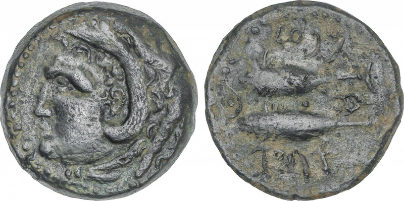As. 100-20 a.C. GADES (CÁDIZ). Anv.: Cabeza de Hércules con piel de león a izqui...