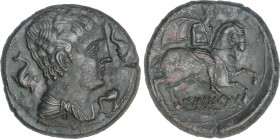 As. 220-200 a.C. ILTIRTA (LLEIDA). Anv.: Cabeza masculina a derecha, rodeada por tres delfines. Rev.: Jinete con palma y clámide a derecha, debajo ley...
