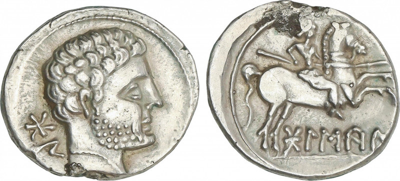 Denario. 180-20 a.C. BOLSCAN (HUESCA). Anv.: Cabeza barbada a derecha, detrás le...