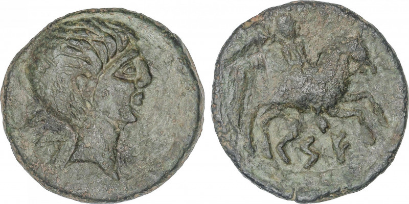 As. 120-20 a.C. CESE (TARRAGONA). Anv.: Cabeza masculina a derecha, detrás signo...