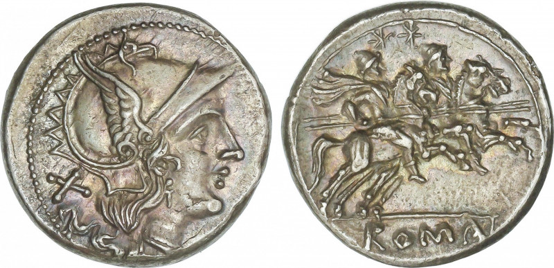 Republic
Denario. 200-190 a.C. ANÓNIMA. Anv.: Cabeza de Roma a derecha, detrás ...