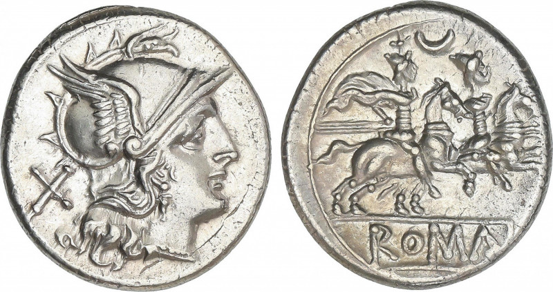 Republic
Denario. 208-206 a.C. ANÓNIMA. Anv.: Cabeza de Roma a derecha, detrás ...