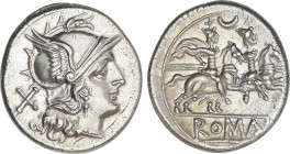 Republic
Denario. 208-206 a.C. ANÓNIMA. Anv.: Cabeza de Roma a derecha, detrás X. Rev.: Dióscuros a caballo a derecha, encima creciente entre estrell...