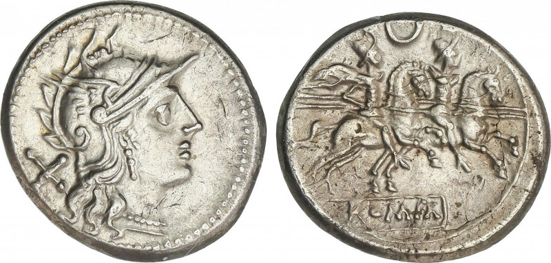 Republic
Denario. 208-206 a.C. ANÓNIMA. Anv.: Cabeza de Roma a derecha, detrás ...