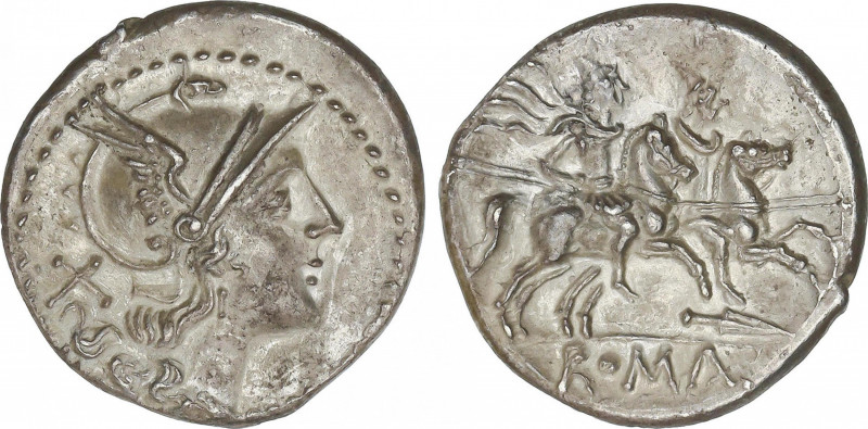 Republic
Denario. 200-195 a.C. ANÓNIMA. SUDESTE de ITALIA. Anv.: Cabeza de Roma...