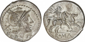 Republic
Denario. 200-195 a.C. ANÓNIMA. SUDESTE de ITALIA. Anv.: Cabeza de Roma a derecha, detrás X. Rev.: Dióscuros a caballo a derecha, encima estr...