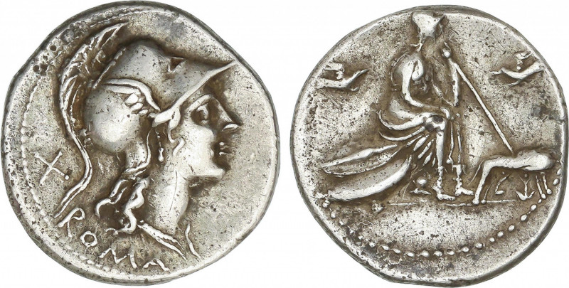 Republic
Denario. 115-114 a.C. ANÓNIMA. ITALIA CENTRAL. Anv.: Cabeza de Roma a ...