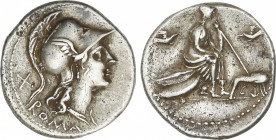 Republic
Denario. 115-114 a.C. ANÓNIMA. ITALIA CENTRAL. Anv.: Cabeza de Roma a derecha. Rev.: Roma con cetro sentada a derecha sobre dos escudos entr...
